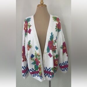 Vintage CapeIsle Knitters Floral Print Varsity Cardigan Sweater L